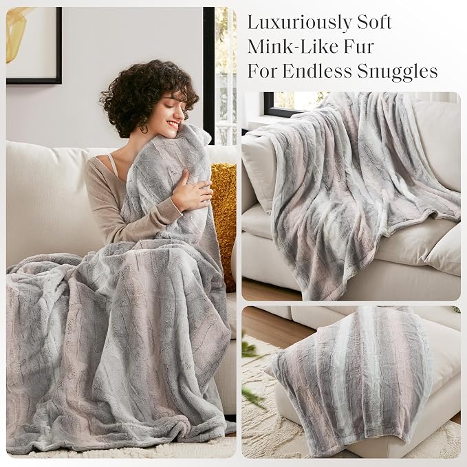 Madison Park Zuri Faux Fur Reversible Throw Blanket, 50 x 60 in, Blush/Grey | Soft Plush, Luxury, Animal Stripes, Mink Reverse, Modern, All Season, for Bed Sofa Couch, OEKO-TEX Certified
