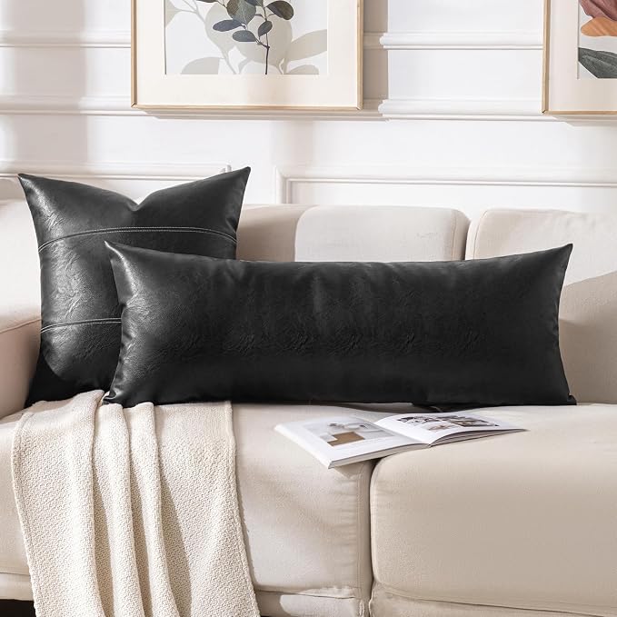 Fancy Homi Black Boho Long Lumbar Faux Leather Body Decorative Throw Pillow Cover 14x40 Inch for Bedroom Couch Bed Sofa Bench, Thick Stylish Solid Pillowcase, Rustic Modern Farmhouse Room Decor