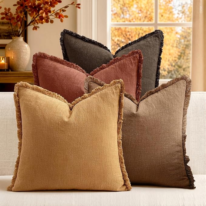 MIULEE Fall Linen Fringe Pillow Covers Set of 4 18x18 Orange/Yellow | Boho Farmhouse Decorative Throw Pillow Covers, Neutral Soft Rustic Cushion Cases, for Couch Sofa Bed Living Room Home Decor