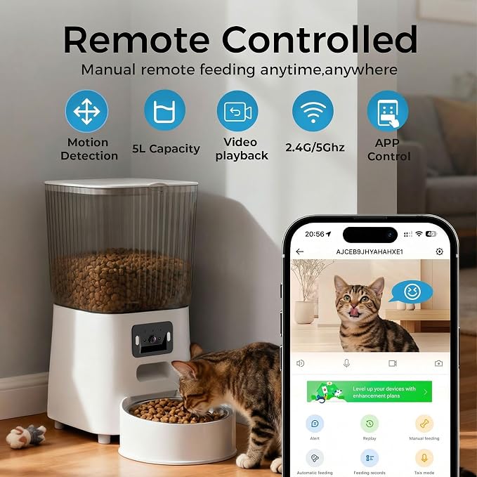 Automatic Cat Feeder with Wide-Angle Camera, 5L (Single-Bowl pro) | Auto Dog Food Dispenser , App Control, 1080P Night Vision,Motion Detection, Two-Way Audio, Large Hopper, Feeding Timer