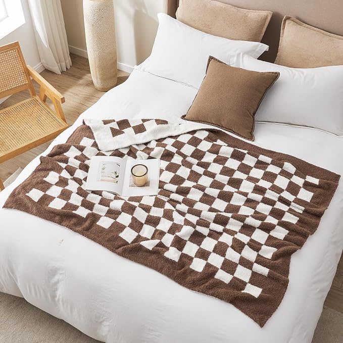 Snuggle Sac Checkered Throw Blanket for Couch, Super Soft, Cozy Warm Knit Blankets, Reversible Plaid Fluffy Throws for Sofa, Bed, Checkered Brown, 50x60 Inches