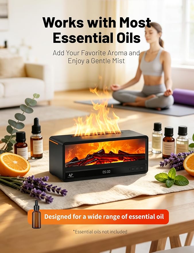 Fireplace Aroma Diffuser for Bedroom Nightstand, Essential Oil Diffuser with Realistic Flame Effect, Remote Control, Timer Auto-Off, 7 Color LED Ultrasonic Aromatherapy Diffuser for Home Office Decor