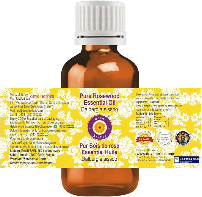 Deve Herbes Pure Rosewood Essential Oil (Dalbergia Sissoo) Steam Distilled 15ml (0.50 oz)