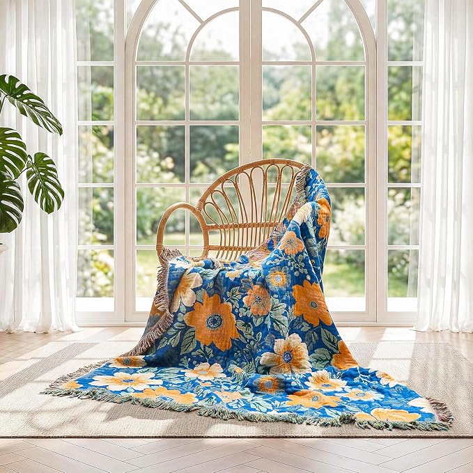 LUTBM Boho Throw Blanket for Bed 60"x80", All Season Cotton Couch Blankets | Blue Reversible Florals Jacquard, All-Season Twin Lightweight Breathable Quilt, For Chair Sofa Bedroom Living Room Decor