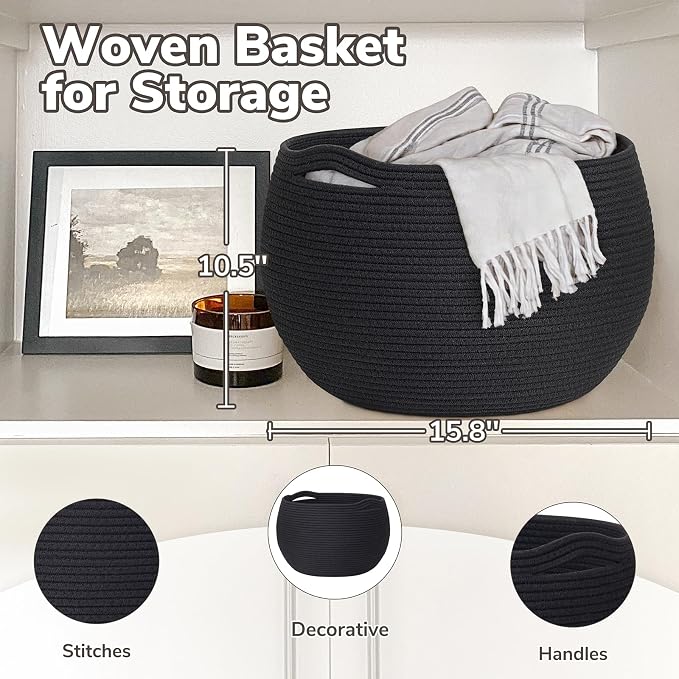 Goodpick Large Woven Storage Basket with Handles, 15.7" x 10.5", Black | Round Toy Storage for Kids, Cotton Rope Basket for Nursery Living Room, Holds Blankets, Toys & Baby Shower