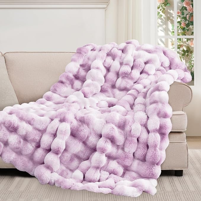 Luxury 1000GSM Faux Rabbit Fur Throw Blanket for Women, Super Heavy Warm Cozy Blankets for Couch Bed Sofa, Bubble Plush Fuzzy Soft Mink Blanket for Living Room Bedroom, Purple
