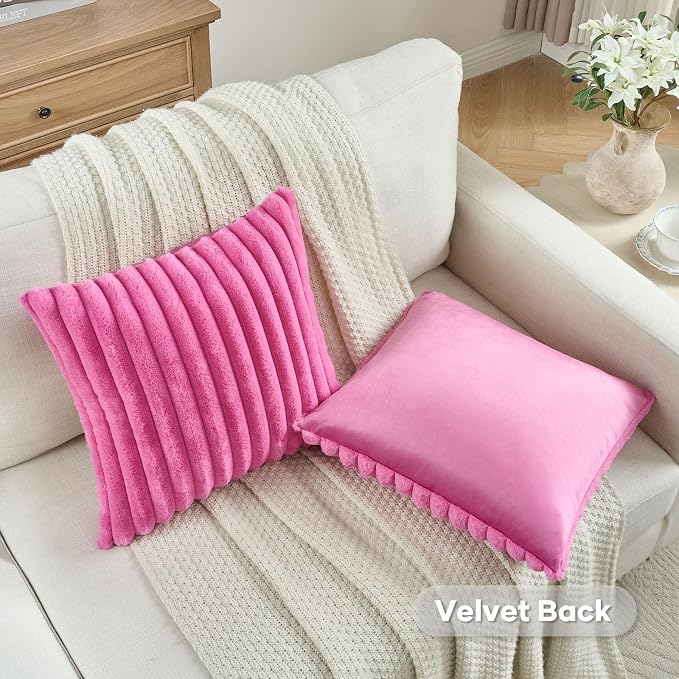 FUTEI Pack of 2 Faux Fur Throw Pillow Covers 24x24 Inch, Hot Pink | Fluffy Faux Rabbit Fur Front/Premium Velvet Back,Hidden Zipper,Machine Washable,Non-Shedding,Colorfast,Insert Not Included.