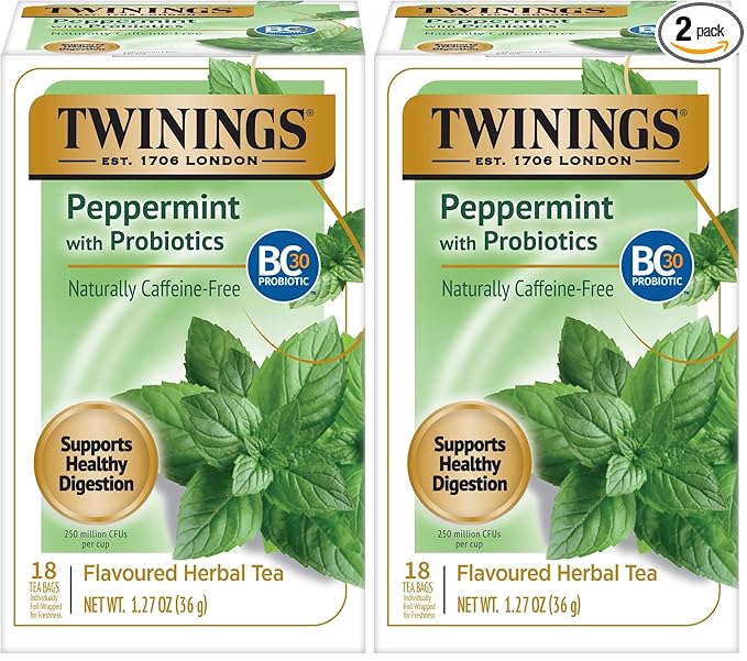 Twinings Superblends Probiotics+ Peppermint & Fennel Herbal Tea, 250 Million CFUs per Cup, 18 Tea Bags (Pack of 2), Naturally Caffeine-Free, Enjoy Hot or Iced