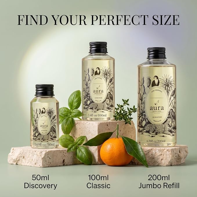 A U R A - Ponza Fragrance Oil for Waterless Scent Diffuser - Inspired by J. Malone Lime Basil Mandarin | 6.7 fl oz / 200 ml Essential Oil Blend for Aromatherapy & Hotel Collection Diffuser