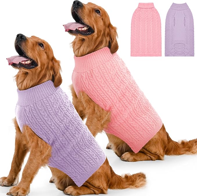 Dog Sweater 2 Pack for Large Dogs, Size XXL, Pink & Purple | Stretchy cable knit turtleneck, machine washable, high belly cut, comfy winter fit for Golden Retriever, Labrador