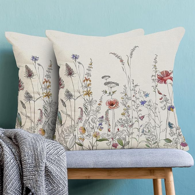 AEIOAE Spring Pillow Covers 24x24 Inch Set of 2, Black Wild Flower Throw Pillows Case,Colorful Seasonal Floral Plant Outdoor Decorative Farmhouse Decor Cushion Covers for Home Sofa Bed Couch