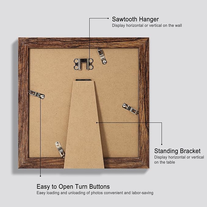Hongkee 8x8 Picture Frames Set of 4, Made of Glass and Rustic Brown Wooden Frame - Display Picture 6x6 with Mat or 8 x 8 Without Mat, 8 by 8 Photo for Wall or Tabletop