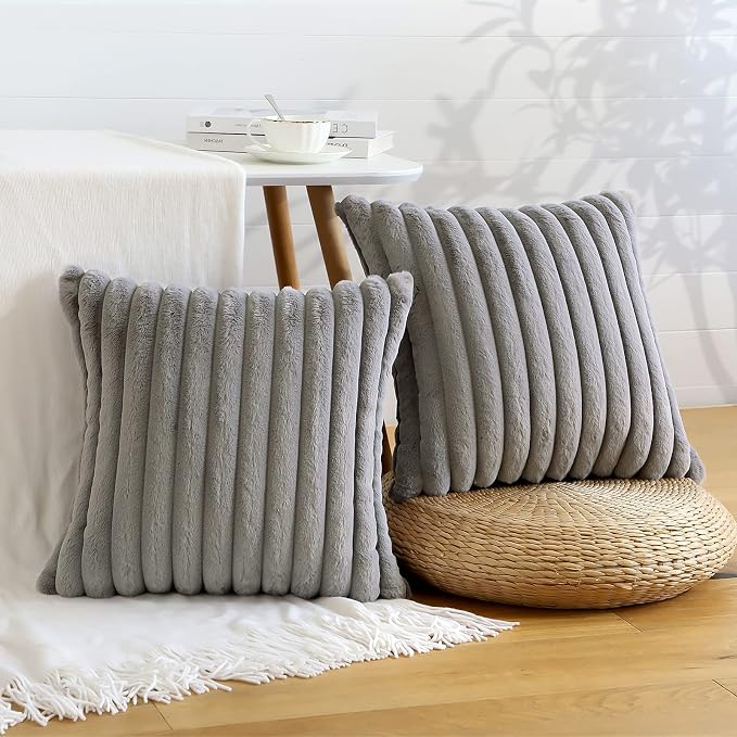 Soleebee Set of 2 Throw Pillow Covers Soft Cozy Velvet Pillowcase Faux Rabbit Fur Cover for Couch Sofa Bed Chair Home Decorative Pillows Cover (18x18 Inch, Smoky Gray)