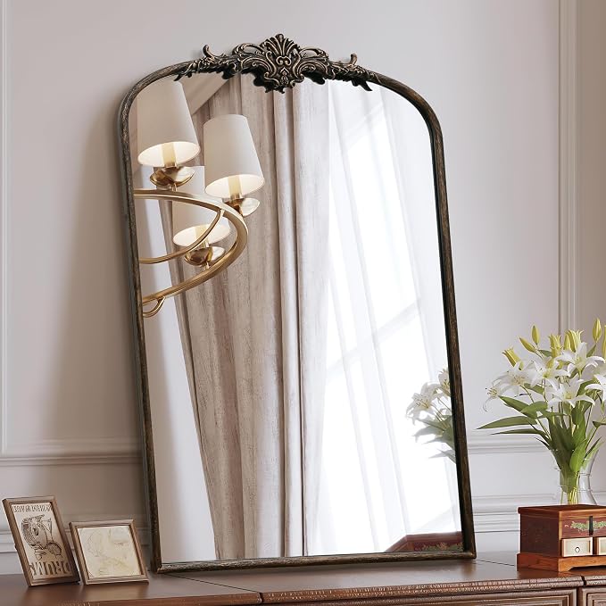 Besdomus Antique Large Wall Mirror: 24"x36" French Black Arched Decorative | Vintage Metal Framed Vanity Mirrors - Baroque Traditional Ornate for Entryway/Bathroom/Bedroom - Ideal for Bath Renovations