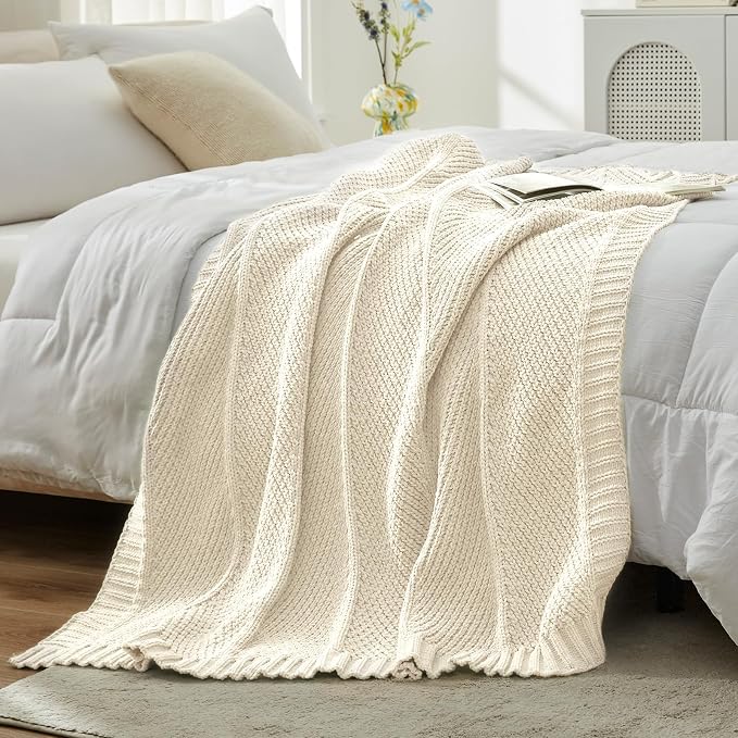 Knit Throw Blanket, Soft Chenille Cozy Breathable Chevron Chunky Decorative Blanket for Couch, Bed & Sofa, French-Inspired Lightweight Warm Gift for Women, Ivory, 60"x80"