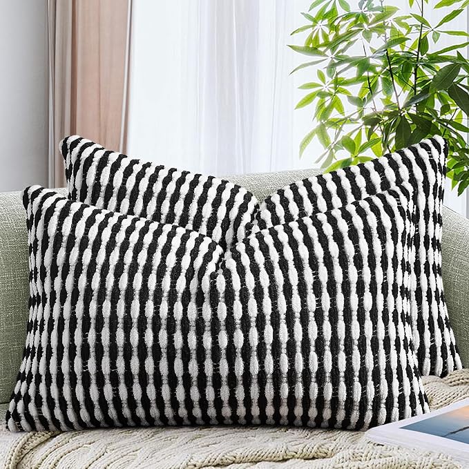 Set of 2 Boho Chenille Pillow Cover Decorative Tufted Pillowcase for Couch Bed Sofa Bedroom Living Room Modern 12 x 20-Inch Black