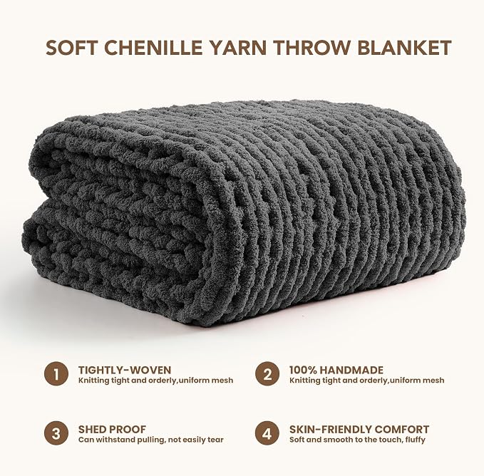 L'AGRATY Chunky Knit Throw Blanket for Couch, 50 x 70 Inches, Dark Grey | Handmade Chenille Crochet Blanket for Sofa Bed, Thick Cable Knitted Blankets for Room Home Decor, Birthday Gift for Women Mom