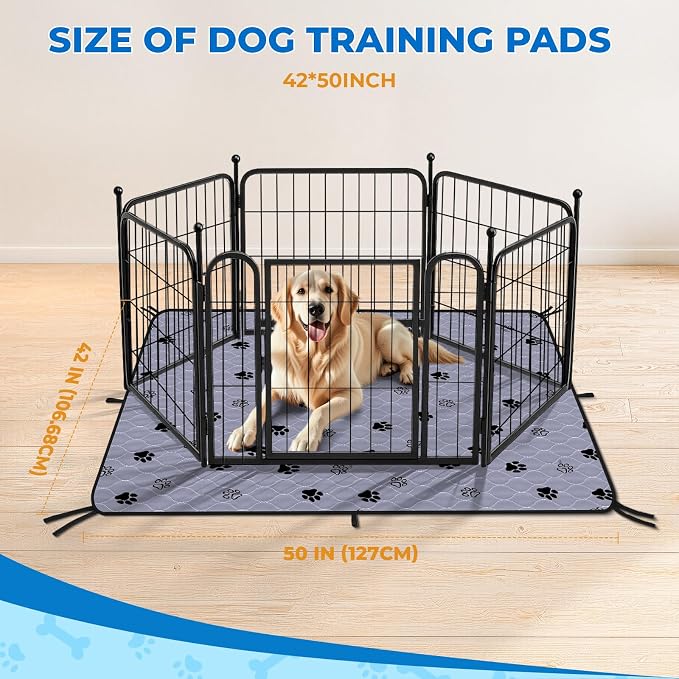 Fostanfly Non-Slip Washable Pee Pads for Dogs, 42''x50''-2 Pack, Gray | Extra Large, Ultra-Absorbent, Leak-Proof, Reusable Potty Training Pads for Dogs for Playpen, Crates with 8 Tie Straps