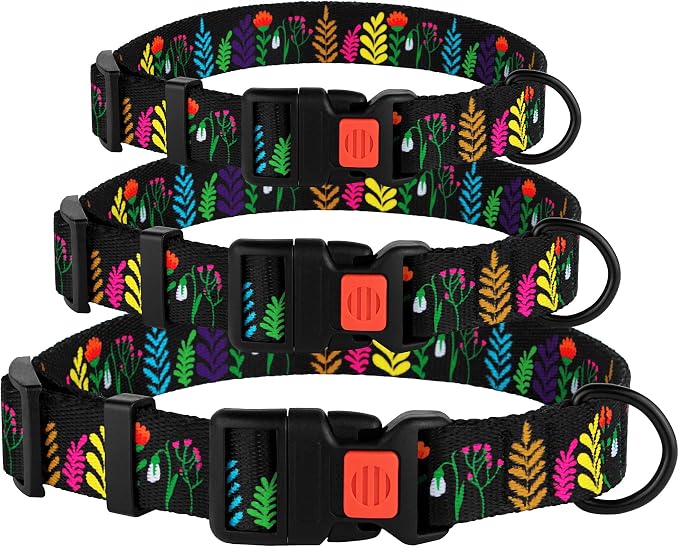 Nylon Dog Collar Floral Pattern Black 14-18 inch