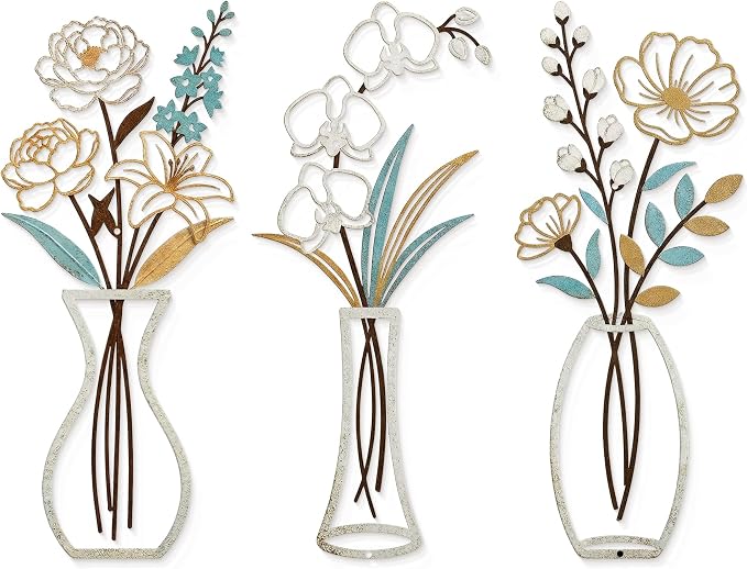 CarryWise 3 Piece Metal Flower Wall Art for Bedroom Living Room, Flower Blue gold