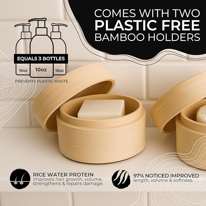 Viori Hidden Waterfall Shampoo and Conditioner Bar Set and Bamboo Holder - Made with Rice Water for Hair Growth - Handcrafted Sulfate Free Shampoo and Conditioner