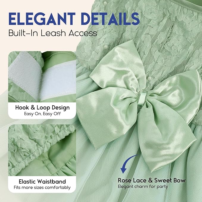 ASENKU Dog Dress Pet Wedding Dress Puppy Birthday Party Outfit, Green M | Dog Flower Girl Dress With Leash Hole, Princess Puppy Dress For Weddings, Daily Wear, Fits Small Medium Large Dogs Cats