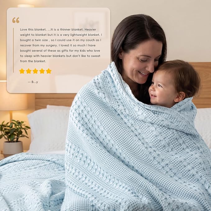 PHF 100% Cotton Waffle Weave Blanket King Size, Lightweight Breathable Summer Blanket for Hot Sleepers, Pre-Washed Soft Layer for Bed, Couch, Home Decor Gift, 108"x90", Sky Blue