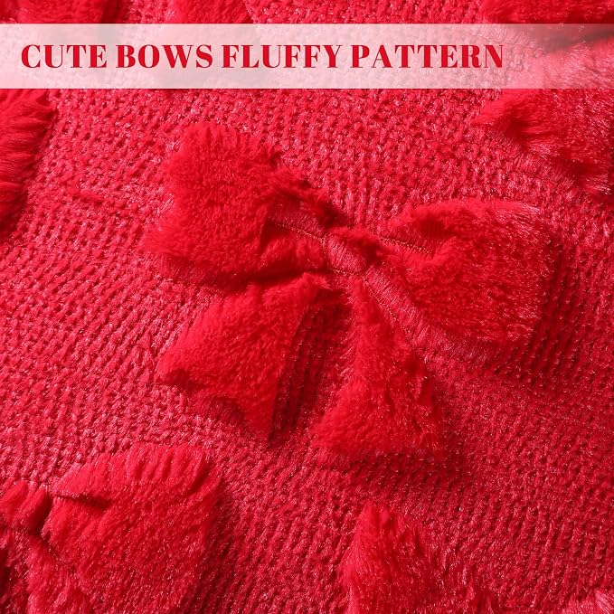 Mixweer Red Bow Pillow Covers Set of 2 Preppy Room Decor Coquette Cute Spring Summer Decorative Faux Fur Soft Bowknot Stuff Fluffy Plush Aesthetic Pillowcase for Bed Sofa Couch (20 x 20 Inch)