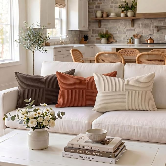 Fancy Homi Rust Long Lumbar Decorative Throw Pillow Covers 14x24 Inch for Bedroom Couch Bed, Rustic Farmhouse Boho Home Decor, Soft Striped Corduroy Rectangle Accent Terracotta Cushion Case 35x60 cm