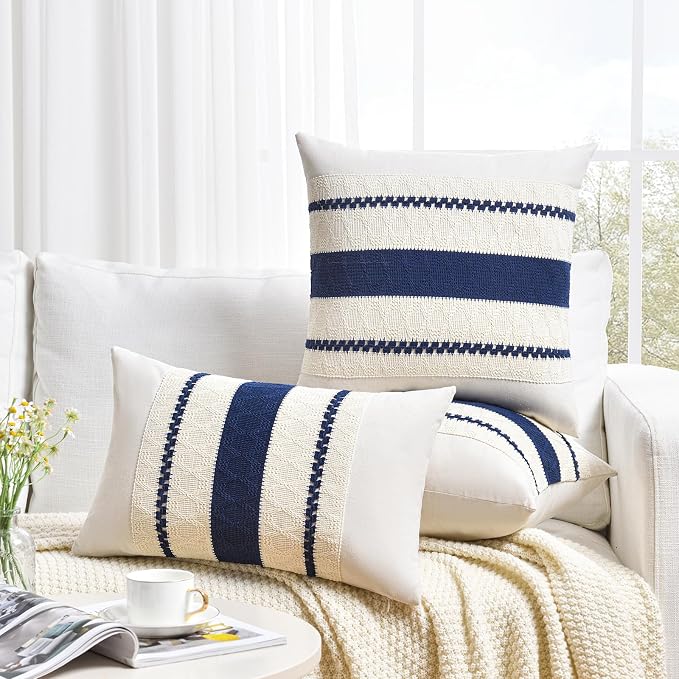 Fancy Homi Set of 1 Navy Blue Small Decorative Throw Pillow Covers 14x14 Inch for Couch Bed Sofa Living Room, Aesthetic Modern Organic Farmhouse Home Decor, Soft Cotton Woven Textured Cushion Case