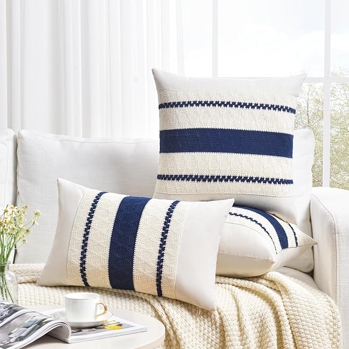 Fancy Homi Set of 2 Navy Blue Lumbar Decorative Throw Pillow Covers 16x24 Inch for Couch Bed Sofa Living Room, Aesthetic Modern Organic Farmhouse Home Decor, Soft Cotton Woven Textured Cushion Case