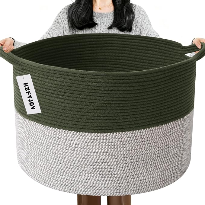65L Large Blanket Basket,Woven Rope Laundry Basket-Green&White | Collapsible, reinforced handles, nursery storage bin organizes clothes, toys and pillows for living room, bedroom bathroom