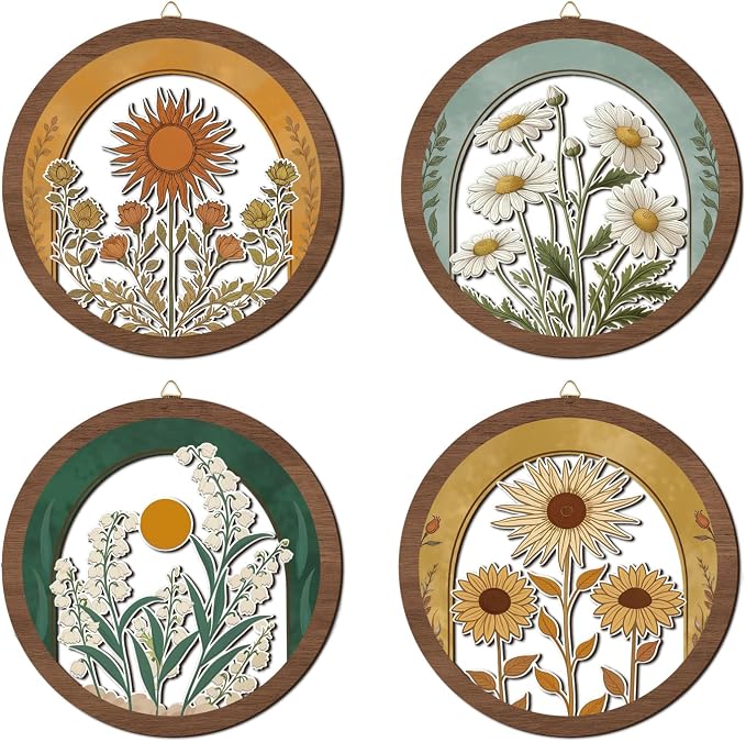 HPNIUB Vintage Flower Wall Decor, Farmhouse Sunflower Daisy Geometric Hanging Wooden Wall Art, 4 Pieces 10''x10'' Minimalist Boho Sun&Floral Wood Sign for Girls Bedroom Living Room Office