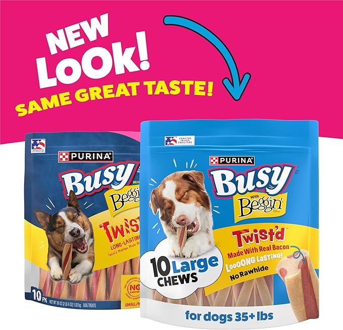 Purina Busy with Beggin Twisted Dog Treats, with Real Bacon, 10 ct Pouch | Bacony dog treat wrapped around long-lasting Busy chew, rawhide free, with no artificial flavors, made in the USA