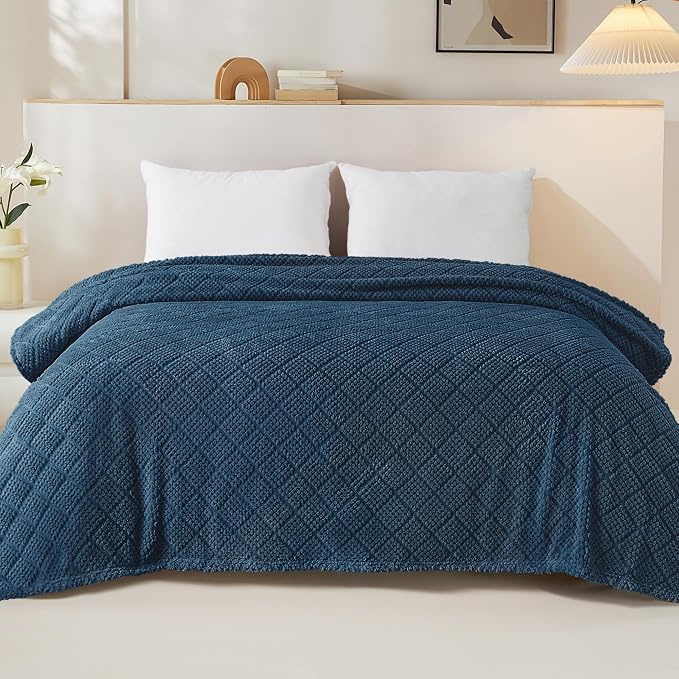 Whale Flotilla Soft Fleece King Size Blanket for Bed, Navy Blue | Jacquard Waffle Blankets for Home Decor, Lightweight and Cozy, All Season Suitable, 90x104 Inch