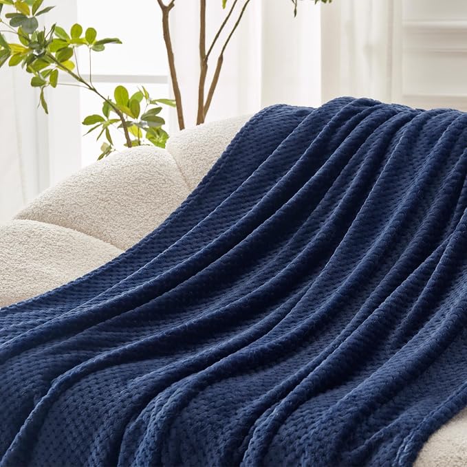 Exclusivo Mezcla Soft Waffle Fleece Bed Blanket Twin Size, Navy | Lightweight Plush Blanket for Bed, Couch, Sofa, Cozy Fluffy Design for Bedroom, Guest Room, All Season, 60x80 Inches