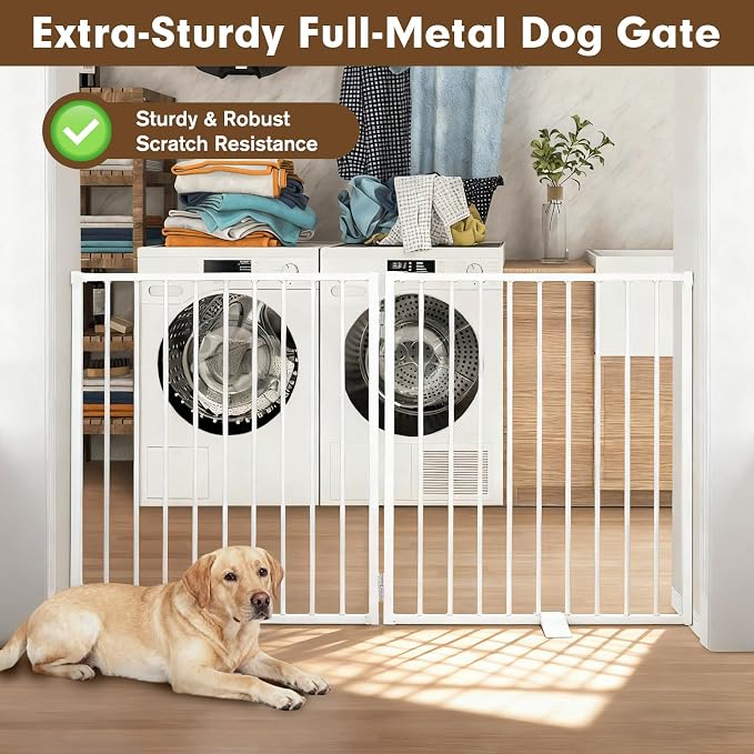52" Extra Wide Dog Gate Indoor, Heavy Duty Metal Freestanding Dog Gate-Auto Close, Foldable Pet Fence – Anti-Topple Stability Feet for Stairs, Doorways,House,Porch,Deck,Yard(2 Panels,White)