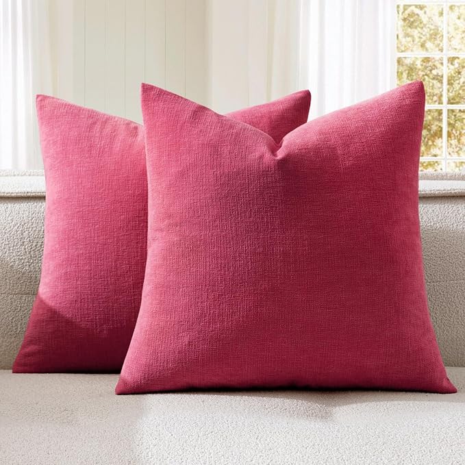MIULEE Hot Pink Red Chenille Couch Throw Pillow Covers, 20x20 | Set of 2, Soft Farmhouse Modern Home Decor, Decorative Pillowcases for Sofa Living Room Bed