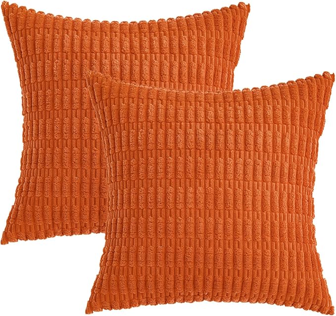 MIULEE Fall Corduroy Decorative Throw Pillow Covers 16x16 Orange Pack of 2 | Soft Boho Striped Pillow Covers Modern Farmhouse Autumn Home Decor For Sofa Living Room Couch Bed