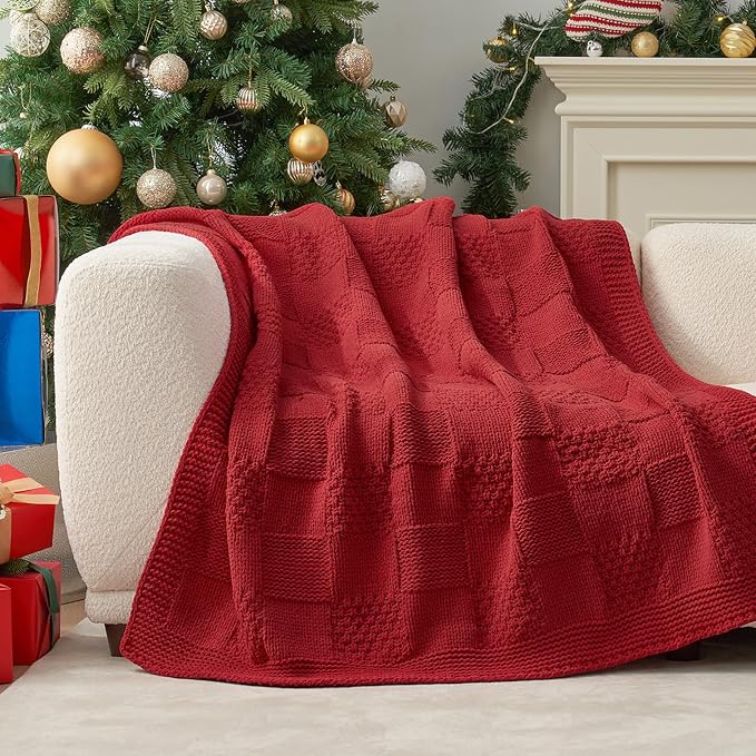 Knit Throw Blanket, Soft Chenille Cozy Breathable Checkered Chunky Decorative Blanket for Couch, Bed & Sofa, French-Inspired Lightweight Warm Gift for Women, Christmas Red, 50"x60"