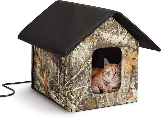 K&H Heated Cat House, Outdoor Kitty Shelter, Safety Listed, 20W, Camo | Heated Cat House for Outside, Weatherproof Shelter for Ferals, Insulated with Smart Thermostat, 2 Doors, Waterproof Bed