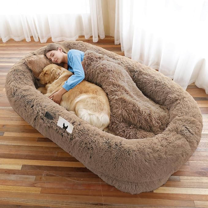 WROS Human Dog Bed for Adult, 71"x45"x12" Giant Calming Nest Beds, Khaki | Washable Soft Faux Fur Cover, Orthopedic Foam Support, Non-slip Bottom, Includes Blanket, Strap & Pillow