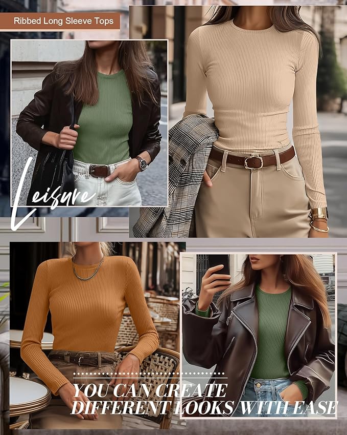 Ficerd 3 Pack Women's Ribbed Long Sleeve Tops, Crew Neck Slim Fit Undershirts Knit Basic Casual Stretch Layering Tee Shirts