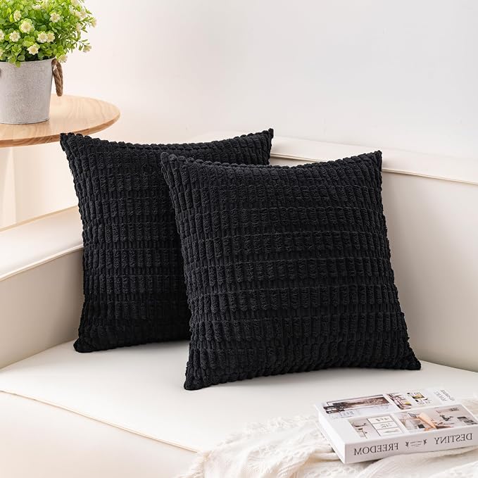 Aegero Pack of 2 Corduroy Decorative Throw Pillow Covers 18x18 Inch, Black | Fall Soft Striped Pillow Covers Modern Farmhouse Home Decor Christmas Throw Pillow Covers for Sofa Living Room Couch Bed