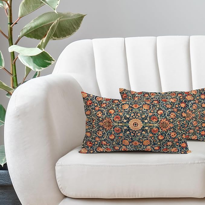 Vintage Floral Lumbar Pillow Covers 12X20 Inch Set of 2 Burnt Orange Flowers Botanical Decorative Rectangular Pillow Cases Navy Blue Art Cushion Case Farmhouse Home Decor for Sofa Couch Bed Outdoor