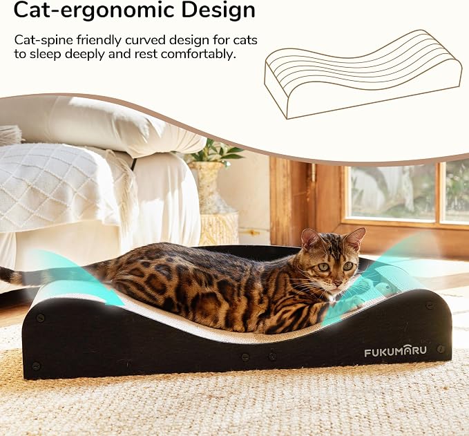 FUKUMARU Cardboard Cat Scratcher Bed, Extra Large 29.1 Inch Cat Scratch Pad | Cat Scratching Bed Couch Indoor, Natural Felt Multifunctional, Horizontal Kitten Scratch Bed Lounger With Ball Toy, Black