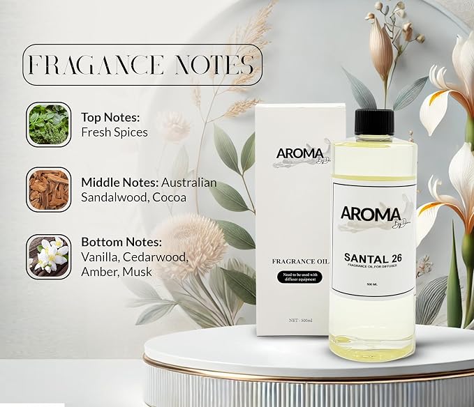 Essential Oils for Diffuser - Santal 26 Fragrance Oil Blend - Luxury Hotel Inspired Aromatherapy Oils - Fresh Spices, Sandalwood and Cedarwood Scent - 500ml