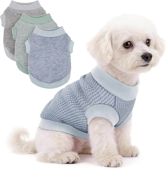 3 Pack Nylon Waffle Dog Shirts for Small Dogs, Lightweight Breathable Pet Sweatshirt, Warm Soft Puppy Clothes Outfit for Indoor Outdoor Dog Cat Apparel.Green Blue Gray S