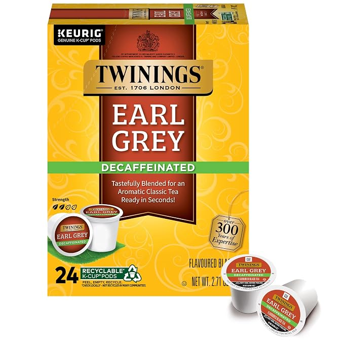 Twinings Decaffeinated Earl Grey Black Tea K-Cup Pods for Keurig, 24 Count (Pack of 1), Flavoured with Citrus and Bergamot, Enjoy Hot or Iced