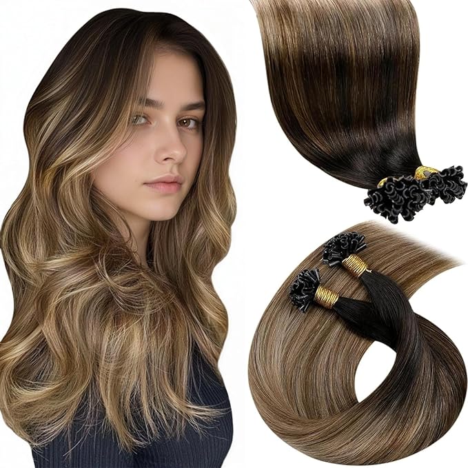 LaaVoo U Tip Hair Extensions Human Hair Ombre Dark Brown to Chestnut Brown with Ash Brown Utip Hair Extensions 1g/1s 50g 24 Inch